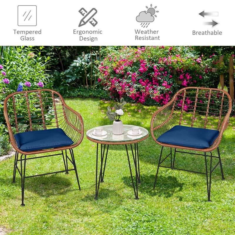 3 Pcs Patio Conversation Bistro Set Outdoor Rattan Furniture Set with Round Table & 2 Rattan Cushioned Armchairs