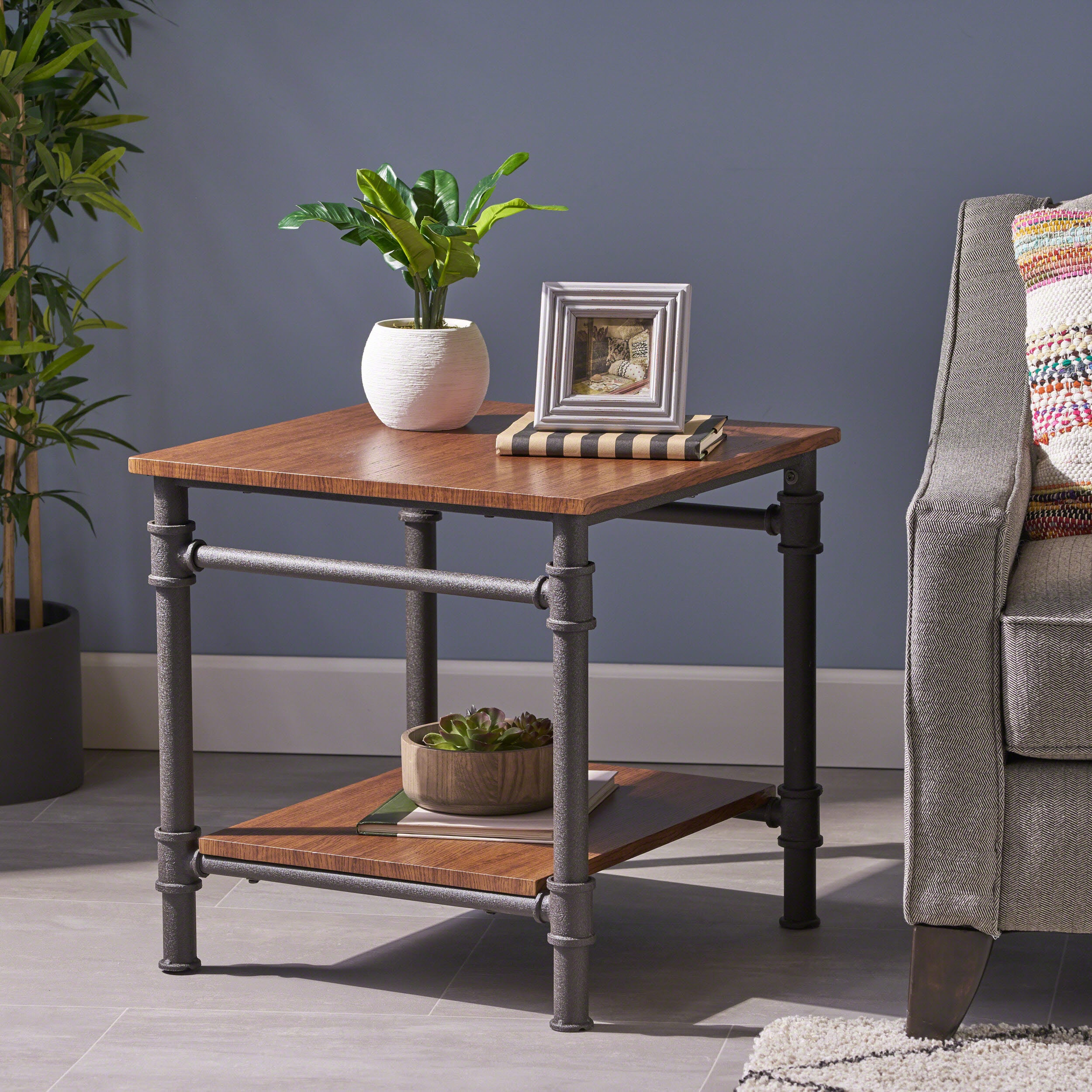 Mila Industrial Faux Wood End Table, Teak Finish