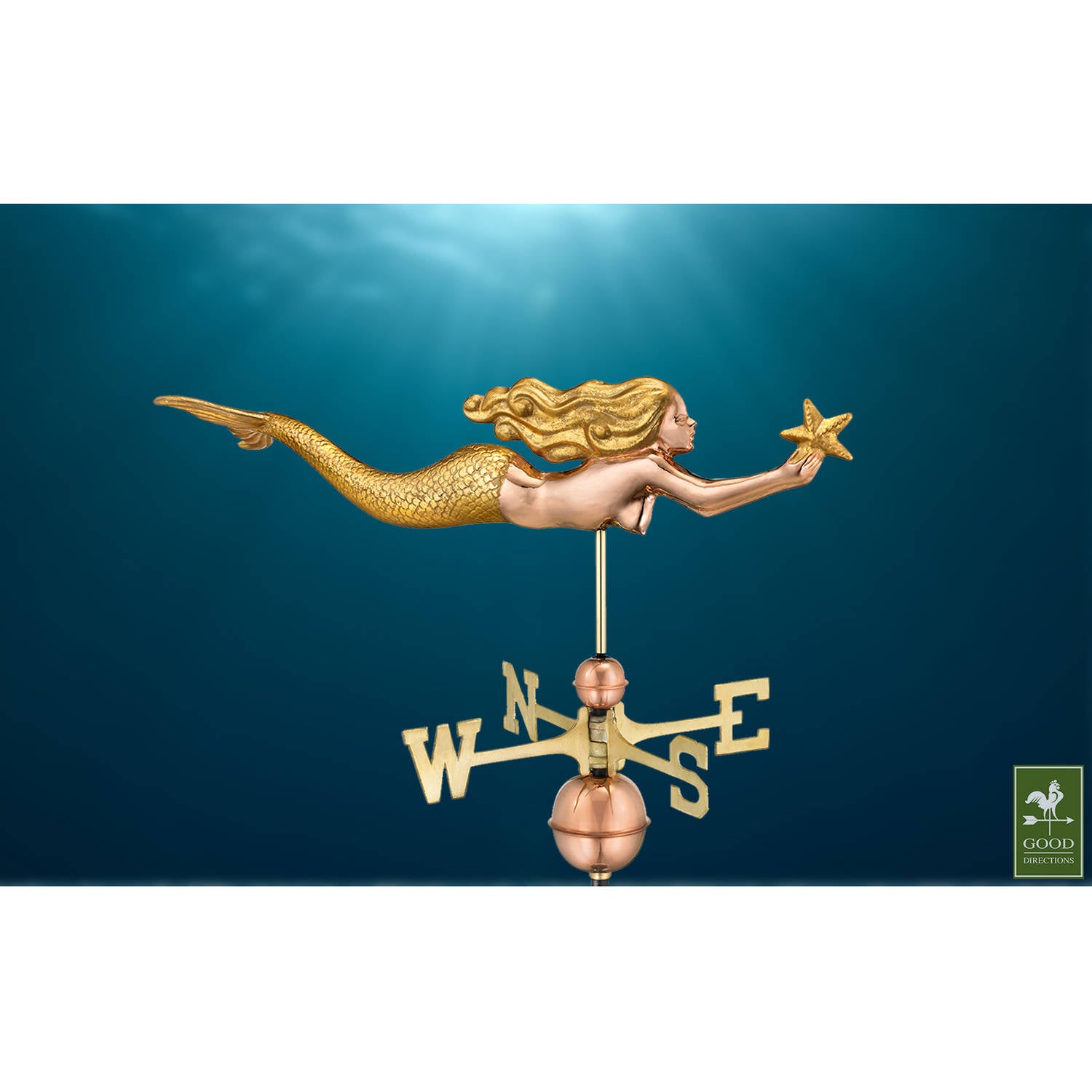 Good Directions Mermaid with Starfish Weathervane， Pure Copper with Golden Leaf Finish - 31