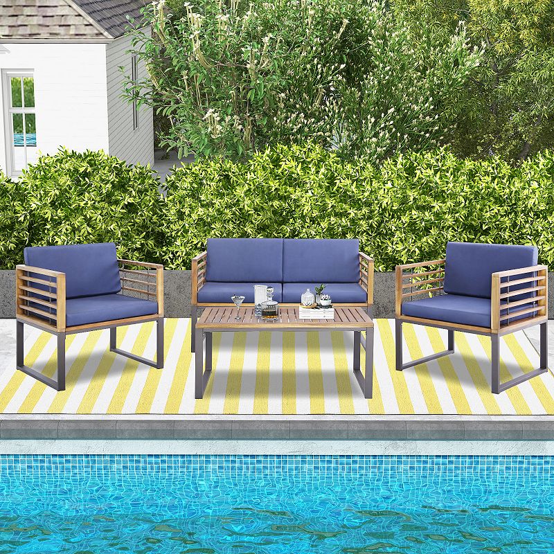 4 Piece Patio Acacia Wood Conversation Set with Soft Seat-Navy