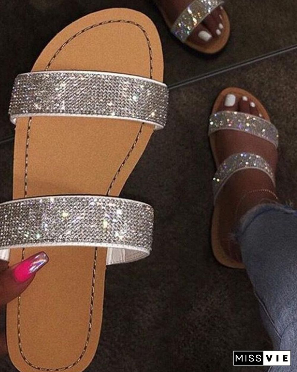 Crystal Glitter Shinny Double Bandages Slide Slippers