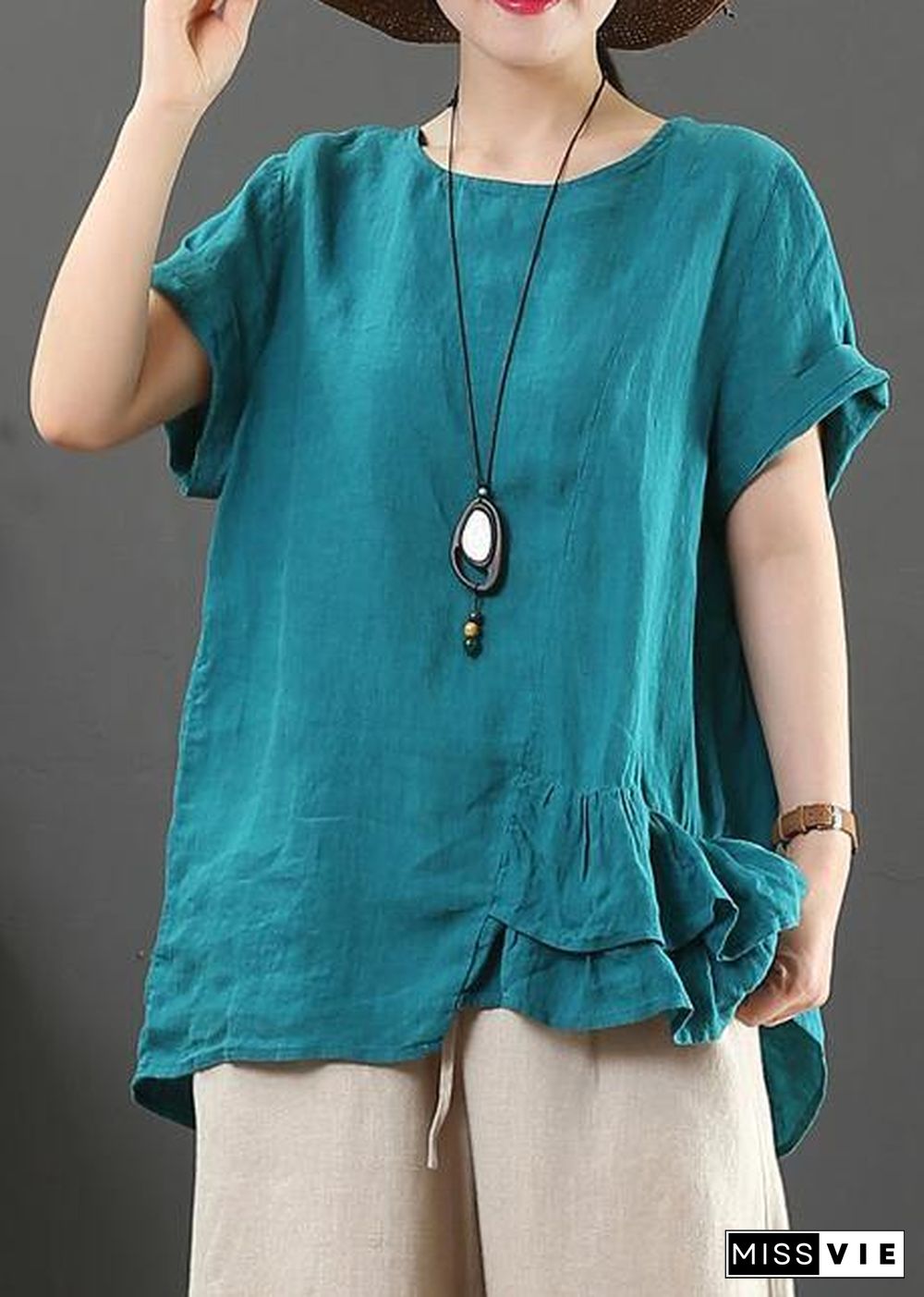 DIY o neck asymmetric linen cotton summer blue loose shirt