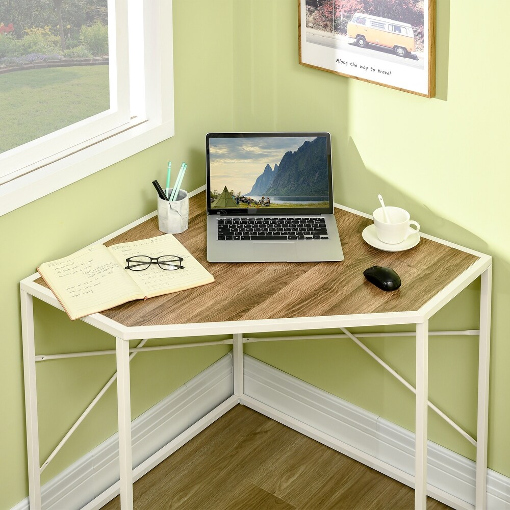 HOMCOM Corner Computer Desk with Steel Frame for Small Spaces  Writing Desk for Workstation