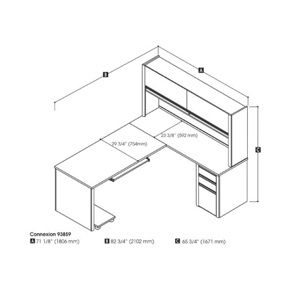 Bestar Connexion L-shaped workstation with hutch in Slate and Sandstone