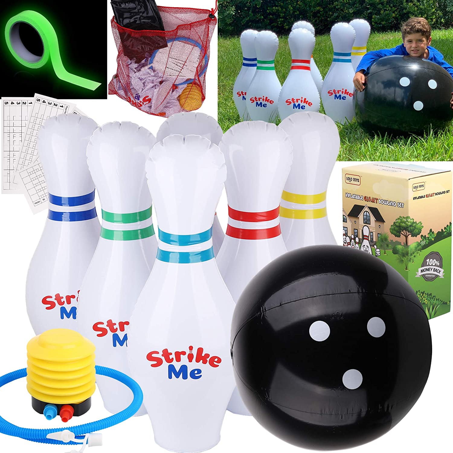 New LoLo Toys Inflatable Bowling Set, 6 Huge Life Size Large Jumbo 24 inch Pins and Extra Big 24 inch Ball, 1 Pump, Scorer Board, 1 Mesh Bag, Vinyl Patch, Glow Tape