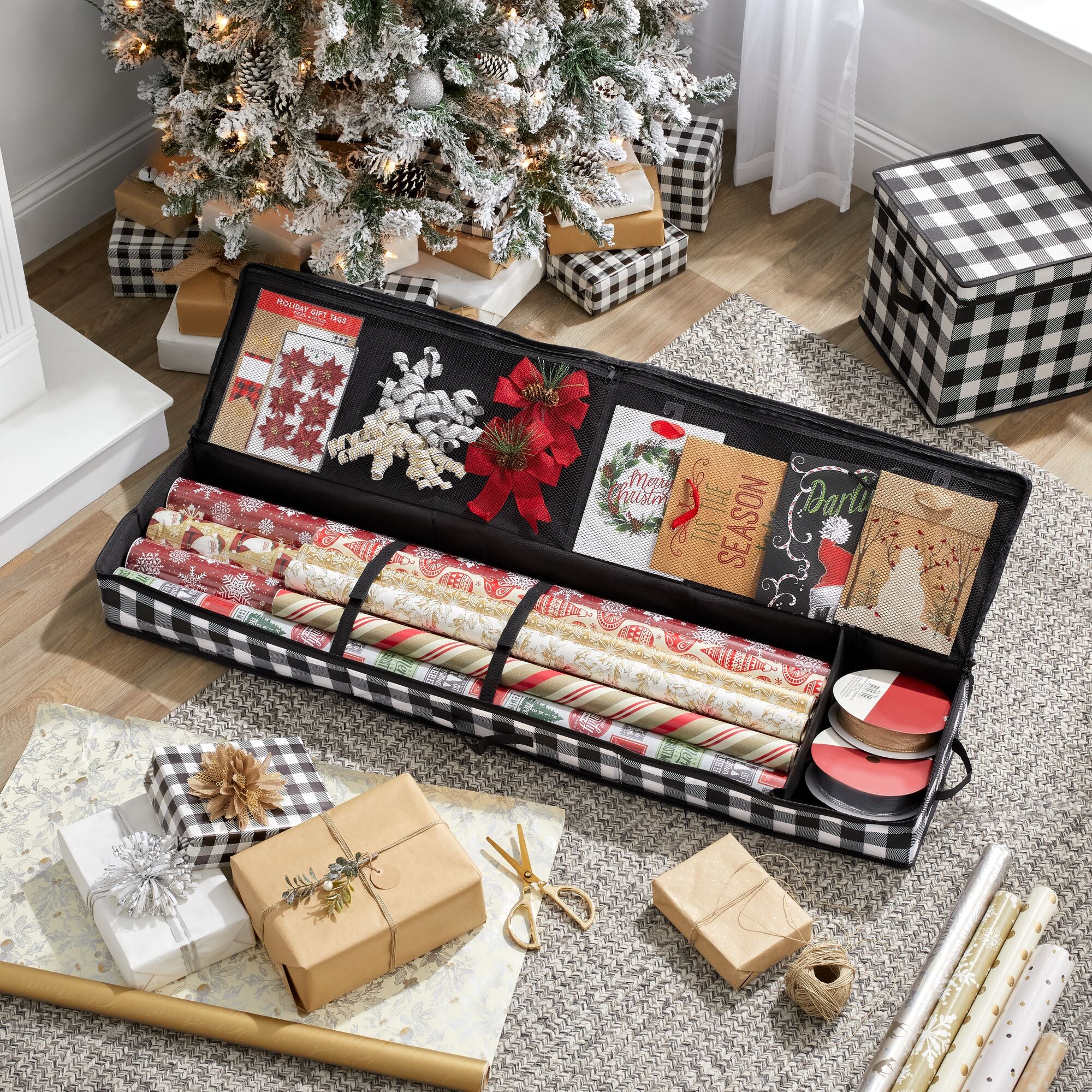 mDesign Long Gift-Wrapping Paper Storage Bag with Handles, Holder for Christmas and Holiday Organizer Container Box - Zipper Lid for Rolls of Wrap, Under Bed Storage Totes, Buffalo Plaid, Black/White