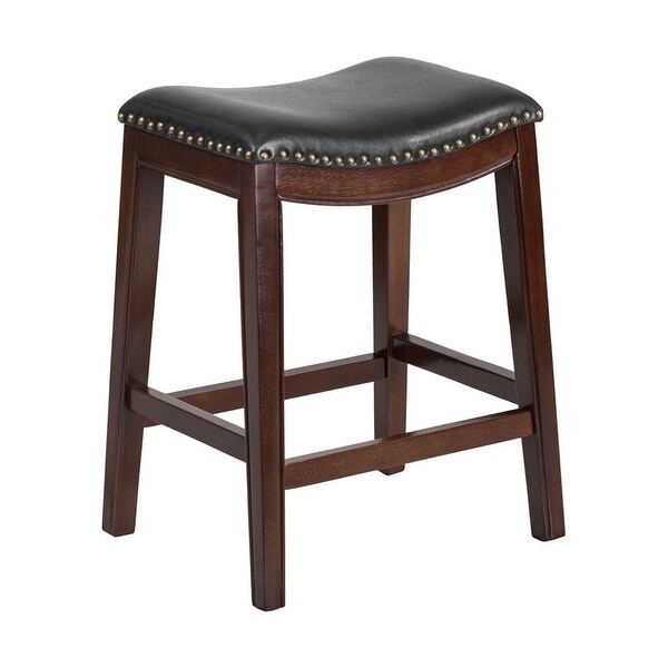 Offex 26'' High Backless Cappuccino Wood Counter Height Stool with Black LeatherSoft Saddle Seat - N/A