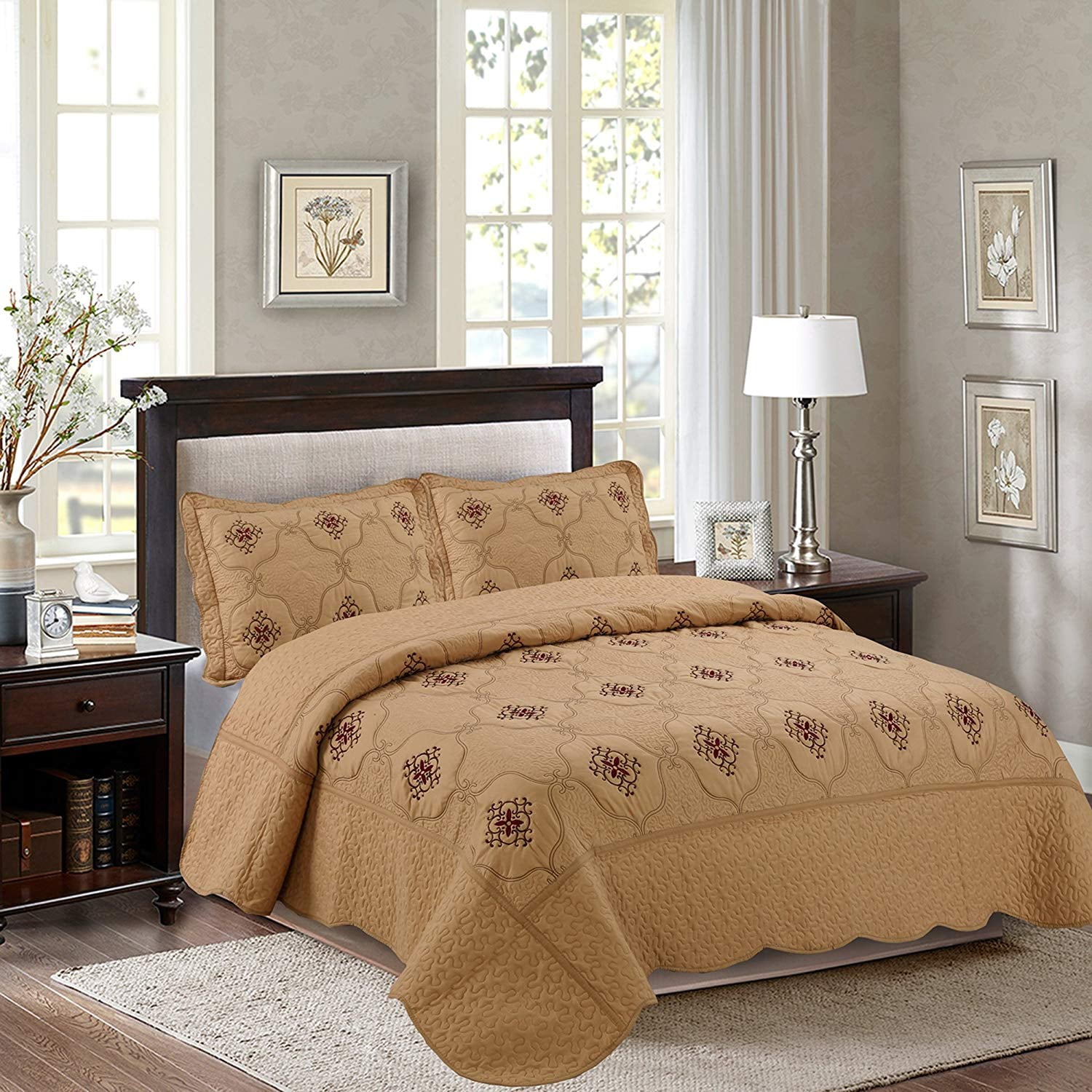 MarCielo 3-Piece Fully Quilted Embroidery Quilts Bedspreads Bed Coverlets Cover Set， Burgundy， Brown， Emma(Queen Size， Taupe)