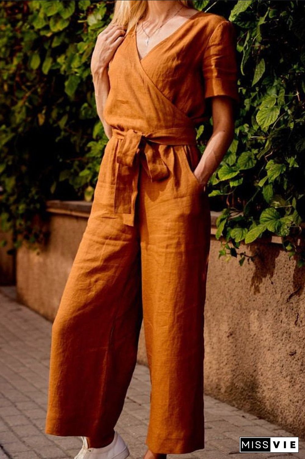 V-Neck Short Sleeve Jumpsuit(With Belt)