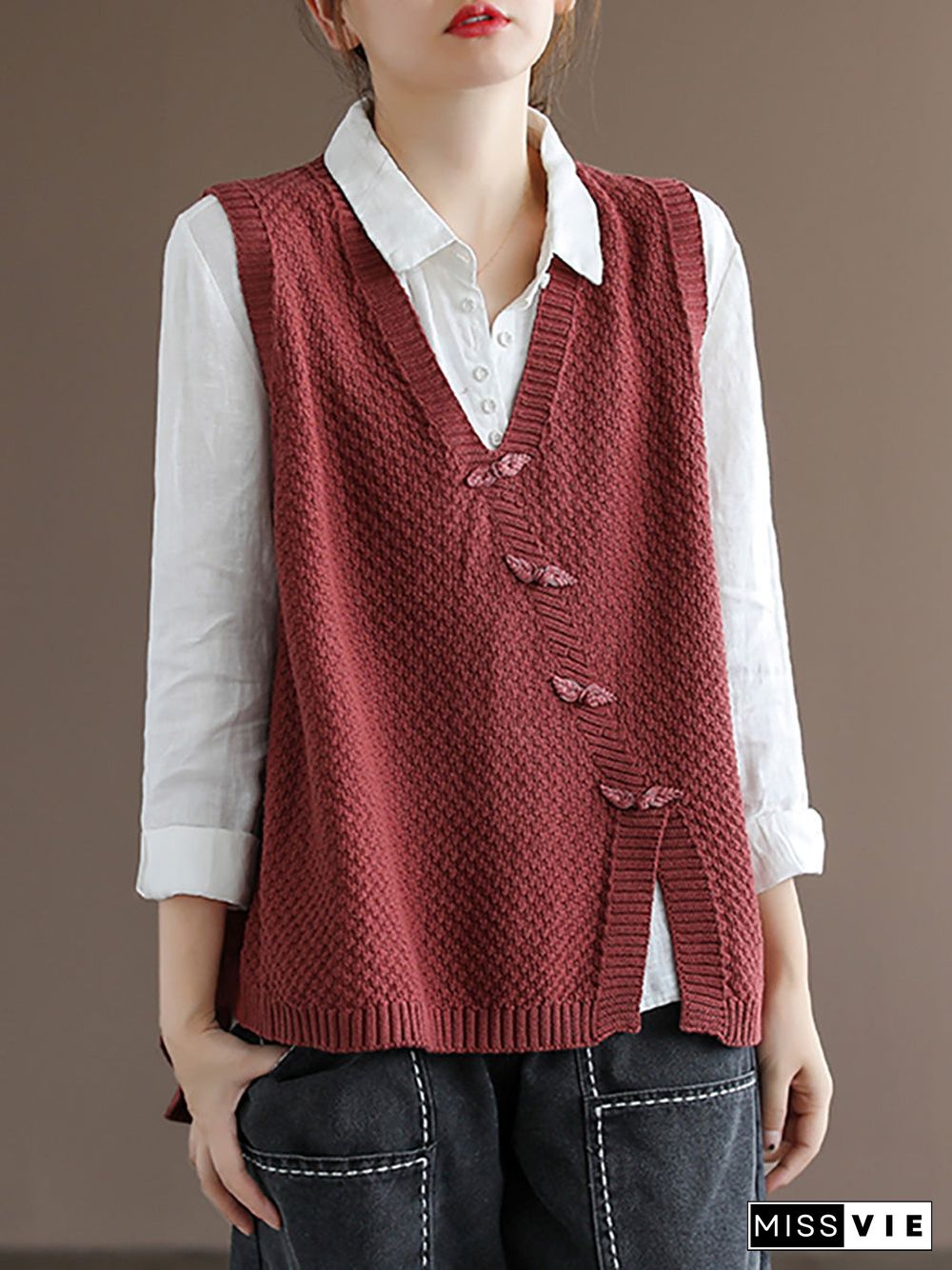 Plus Size Women Button Knitted Vest Waistcoat Sweater