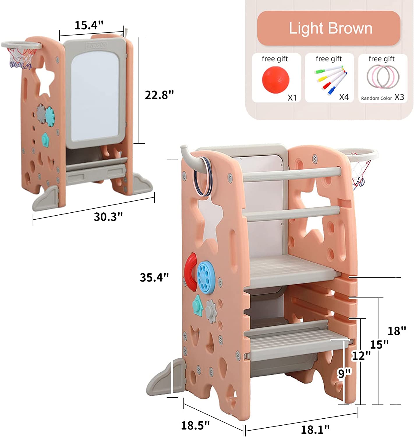 Kids Kitchen Step Stool with Double Safety Rails, Toddler Learning Stool with 3 Adjustable Heights and Non-Slip Foot Pads, Toddler Tower for Kitchen Countertop and Bathroom (Light Brown)