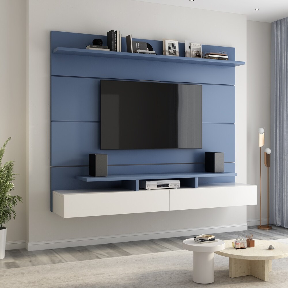 Wall Mounted Floating 80'' Relief TV Stand  Modern Entertainment Center with 2 Drop Down Doors and Multi Purpose Cabinet