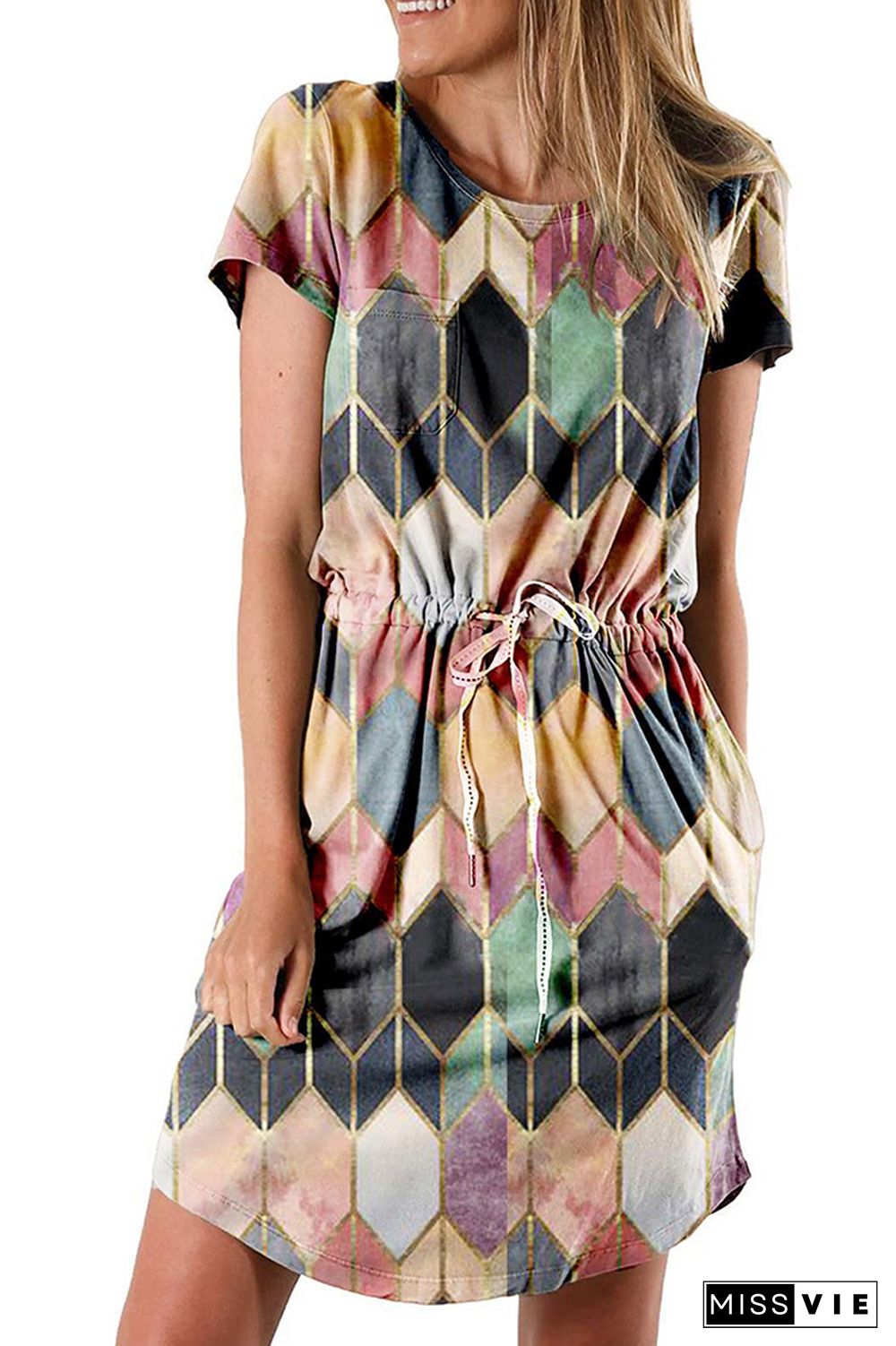 Argyle Print Drawstring Short Sleeve Geometric Dress