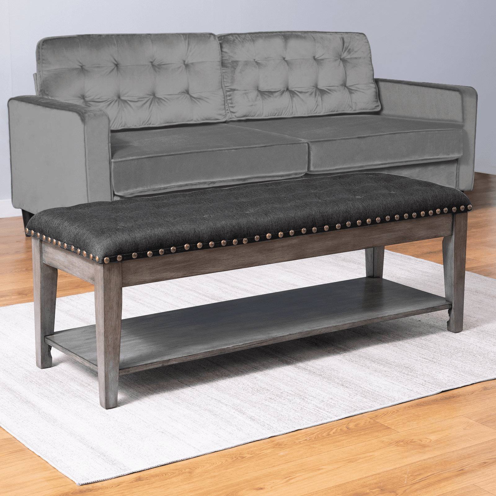 MUZZ Large Rectangular Upholstered Bench, Tufted Linen Ottoman Storage Benches with Solid Wood, Bed Bench with Storage Shelf, Entryway Bench for Bedroom/Living Room/Apartment (Dark Grey)