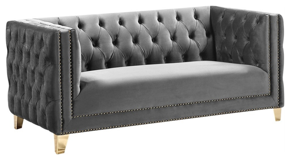 Pemberly Row Contemporary Velvet and Iron Loveseat in Soft Gray/Gold   Contemporary   Loveseats   by Homesquare  Houzz