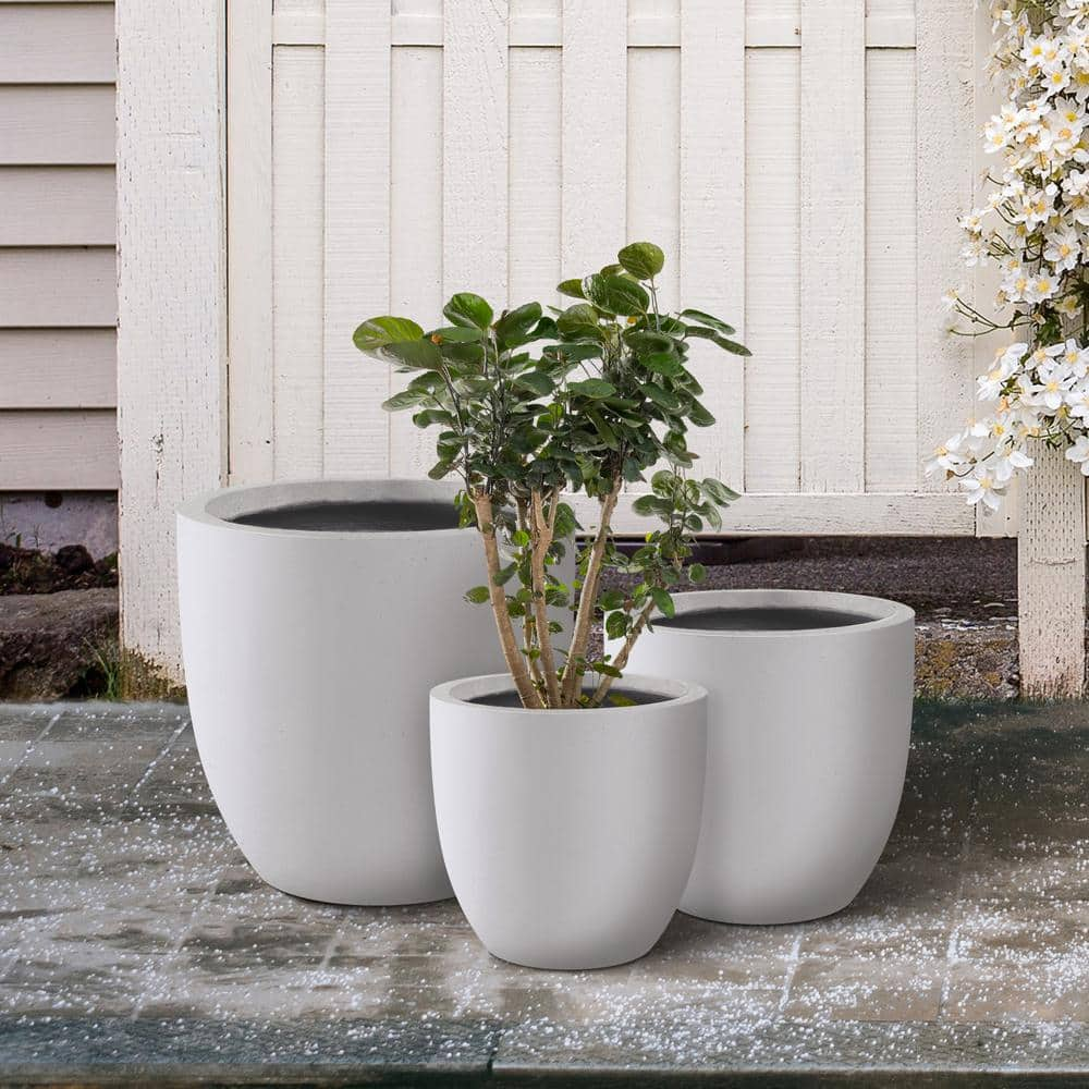 KANTE 18 in.， 14 in. and 10 in.W Pure White Concrete Round Planters (Set of 3)， Outdoor Indoor Modern Seamless Planter Pots RC0050ABC-C80011