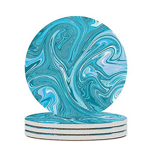 Colourlife Round Drink Coasters 2 Pcs Blue Liquid Marble Texture Absorbent Ceramic Coffee Coasters For Drinks With Cork Base Housewarming Gift For Hom