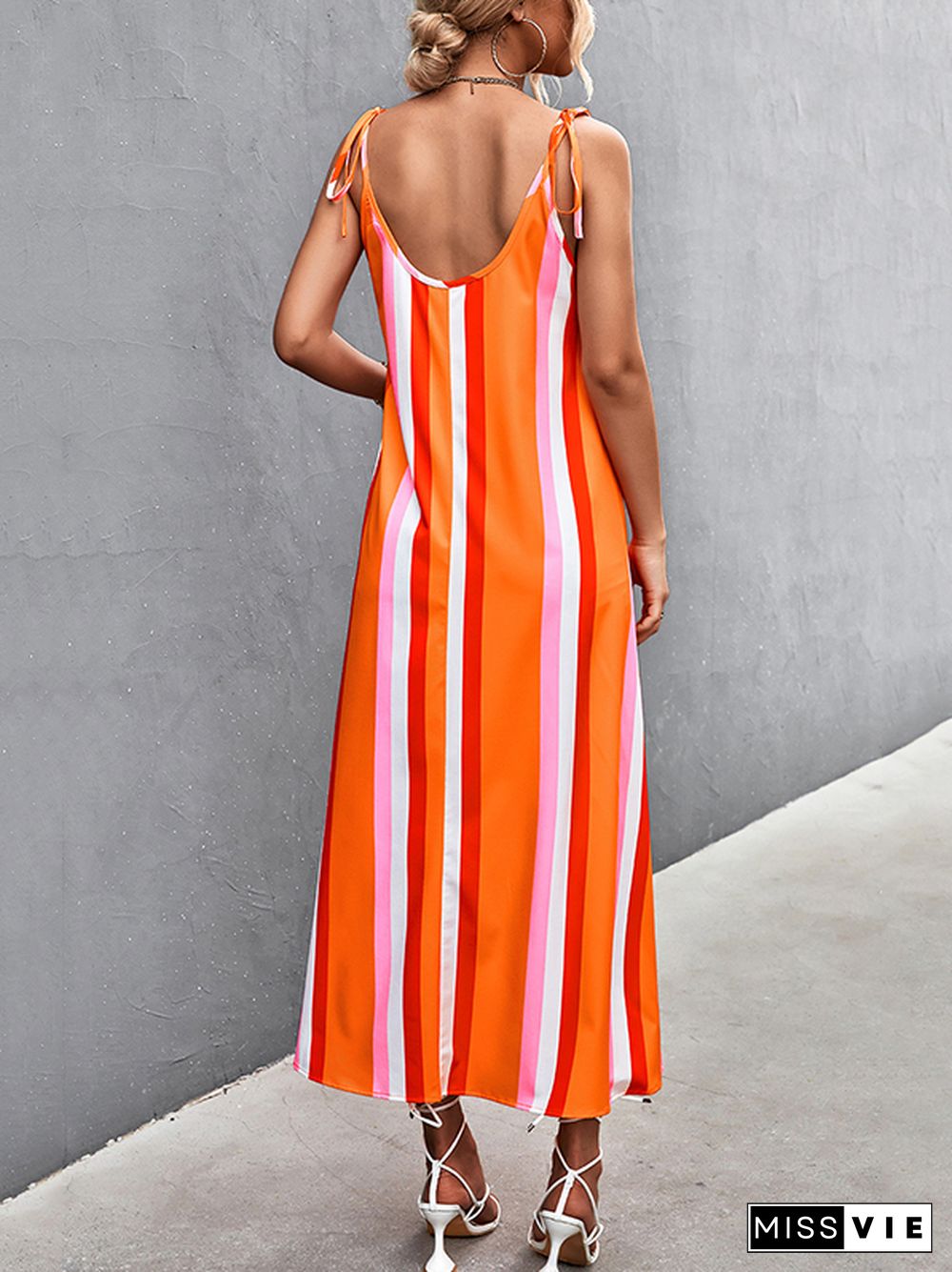 Loose Sleeveless Contrast Color Striped Tied U-Neck Midi Dresses Slip Dress