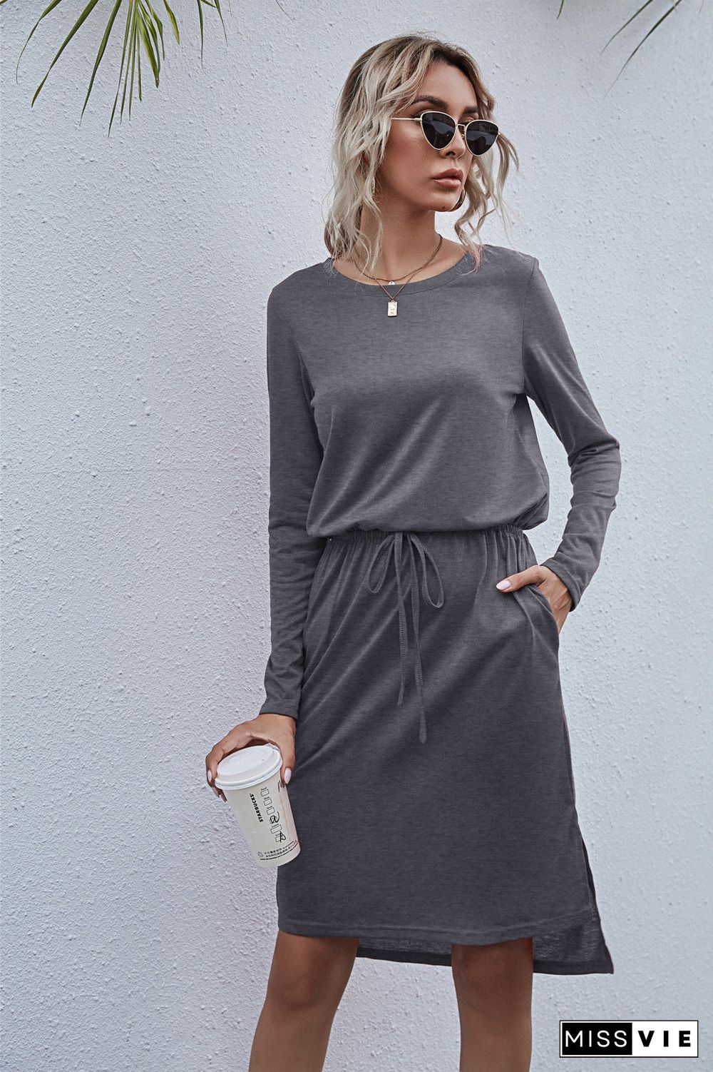 Solid Color Round Neck Long Sleeve Lace Up Dress Black Dresses