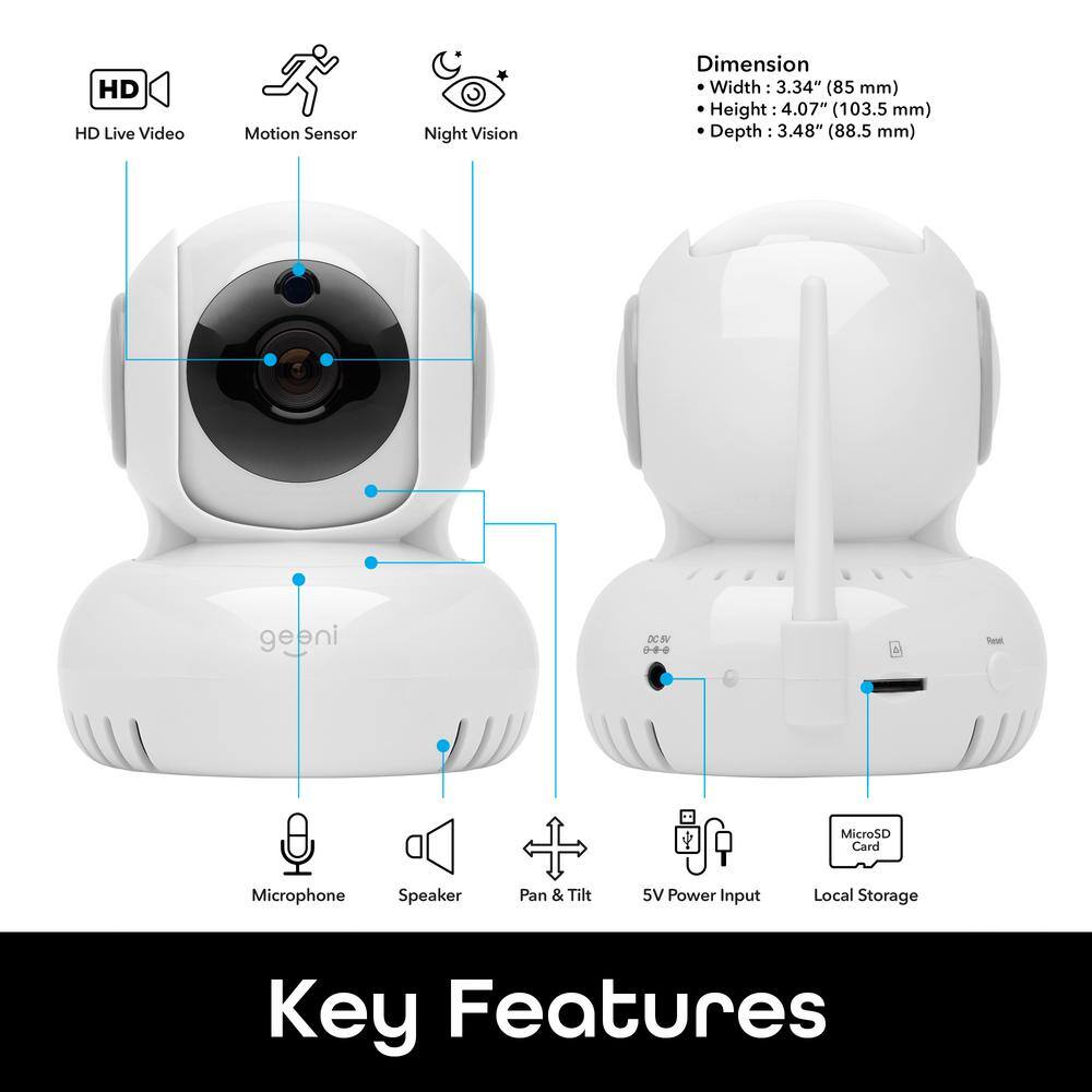 Geeni Sentinel 720p Pan and Tilt 2-Way Talk Motion Detection Indoor Mini Wi-Fi Standard Surveillance Camera White GN-CW010-199