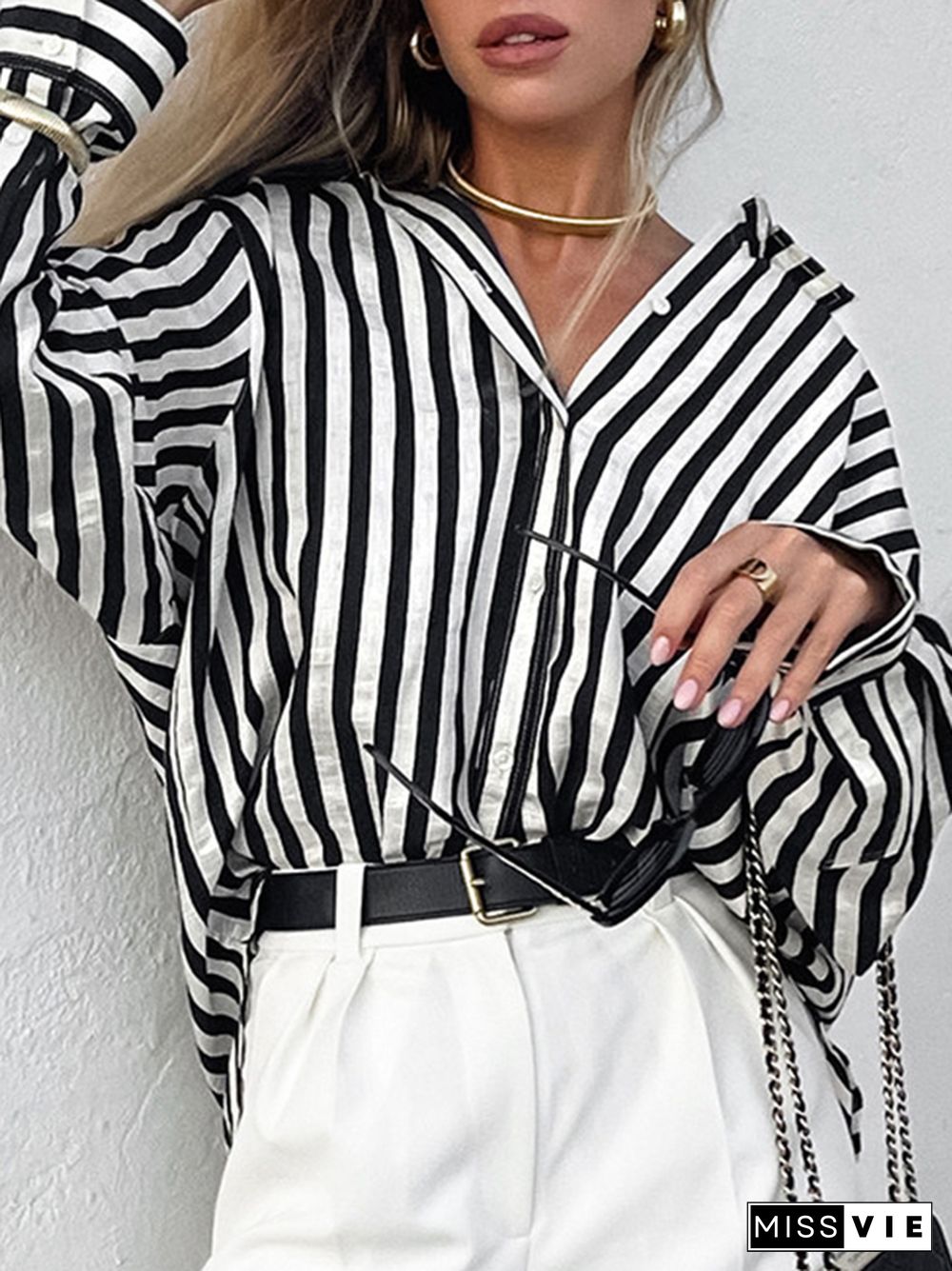 Long Sleeves Loose Split-Joint Striped Lapel Blouses