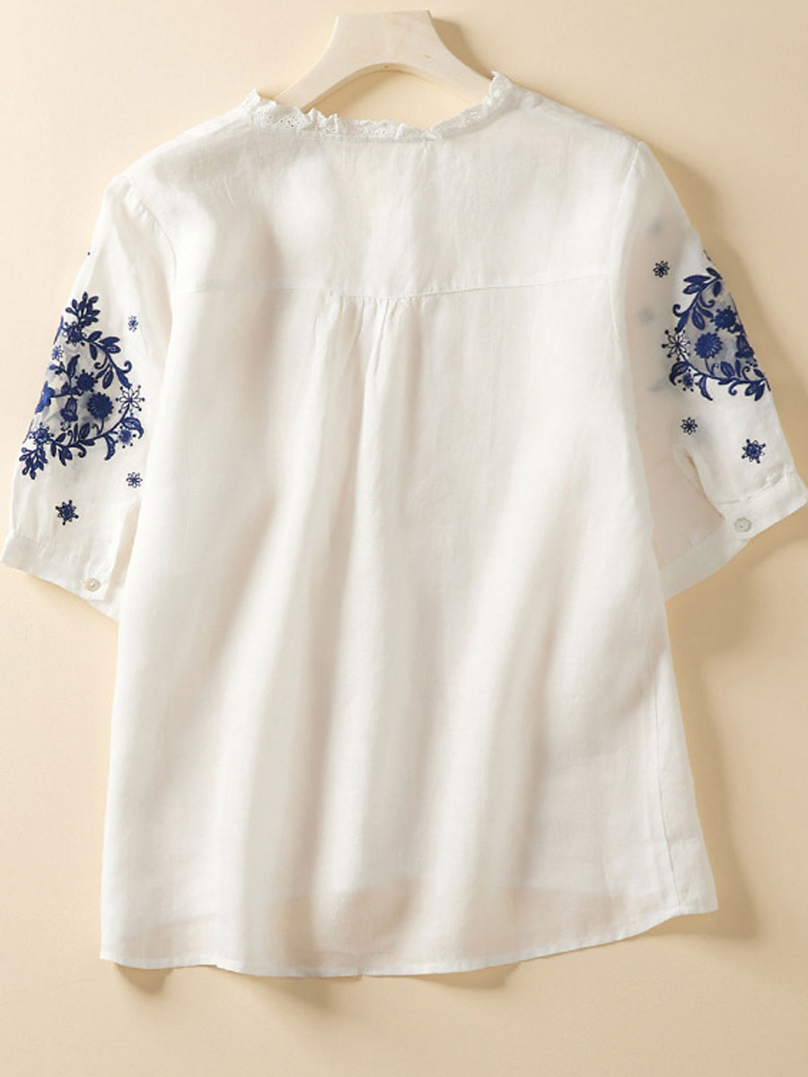 V-neck Casual Loose Embroidered Short Sleeve Blouse