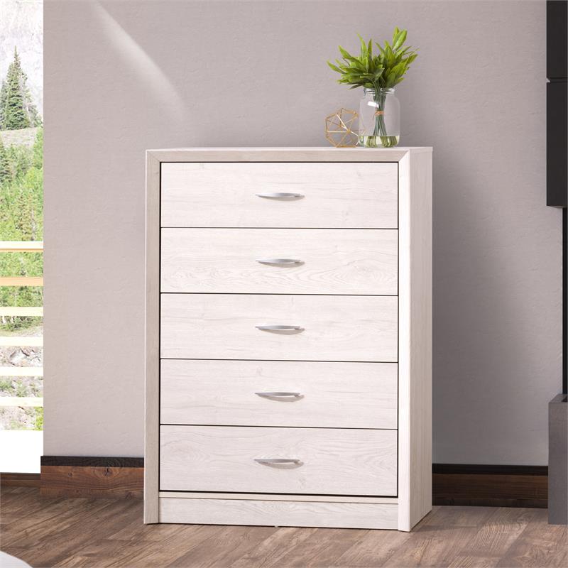 CorLiving Newport 5 Drawer Tall Dresser in White Washed Oak