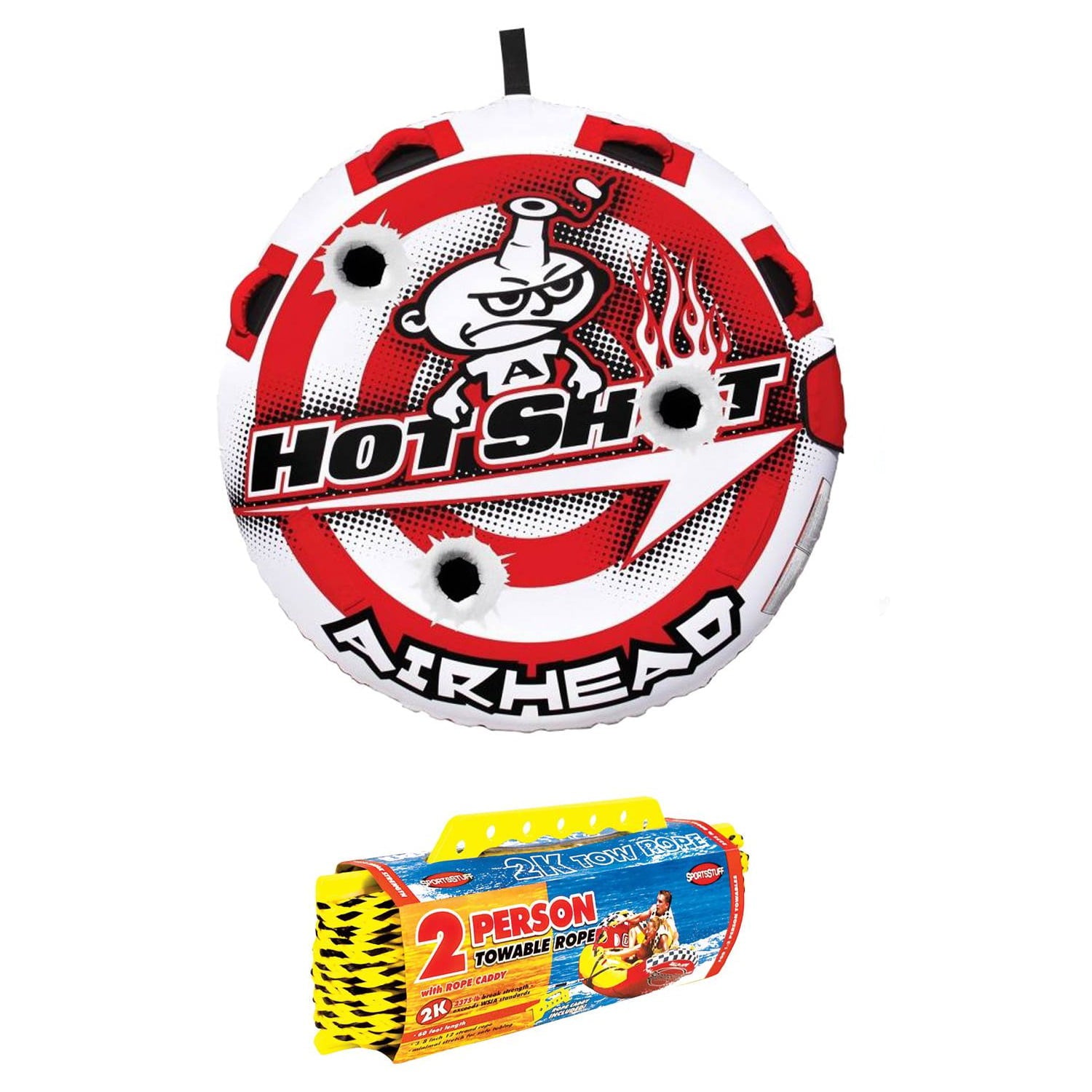 Airhead Hot Shot 2 Inflatable Round Single Rider Towable Tube with 60' Tow Rope