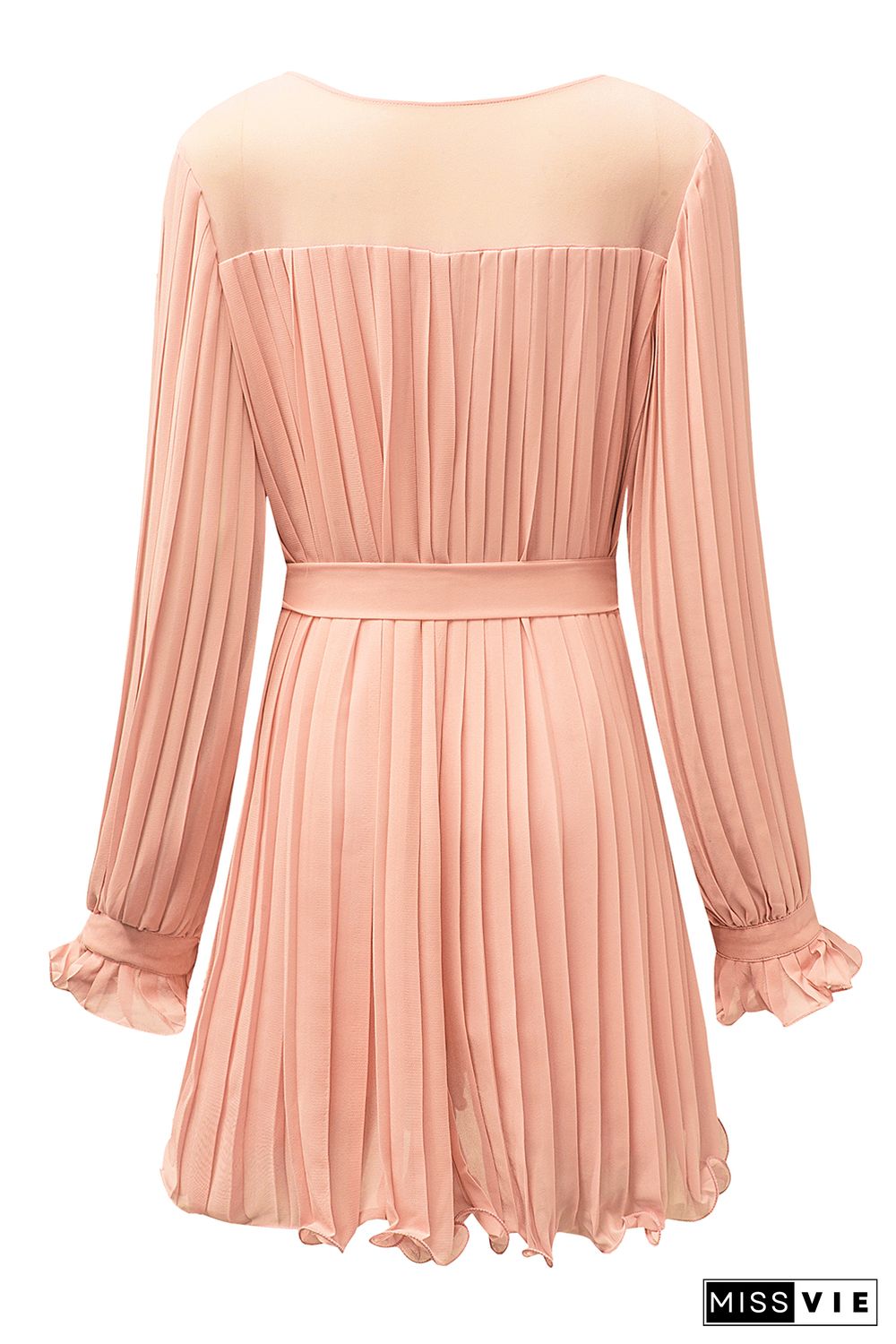 Pink Pleated Ruffled Tie Waist Buttons V Neck Romper