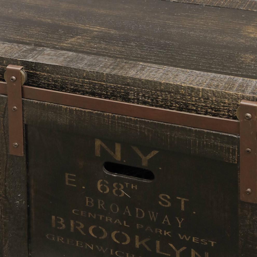 Vintage Rustic TV Stand  Sliding Doors With Faded NYC Printing  Blackened Brown   Rustic   Entertainment Centers And Tv Stands   by Declusia  Houzz