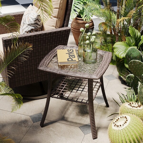 Patio Watcher Outdoor PE Rattan Side Table with 5mm Tempered Glass Top