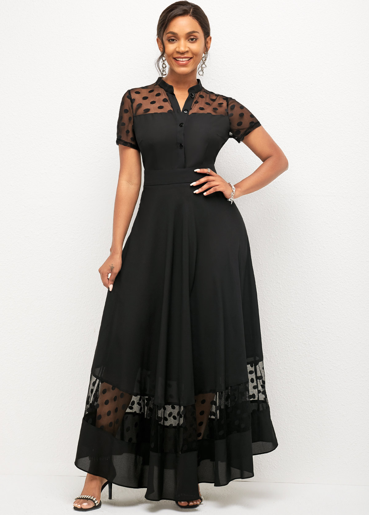 Mesh Stitching Short Sleeve Polka Dot Dress