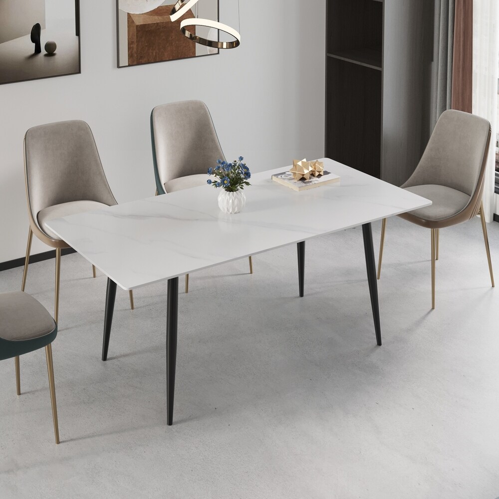 Modern White Slate Dining Table Rectangular Tabletop with Steel Legs for Kitchen and Dining Room