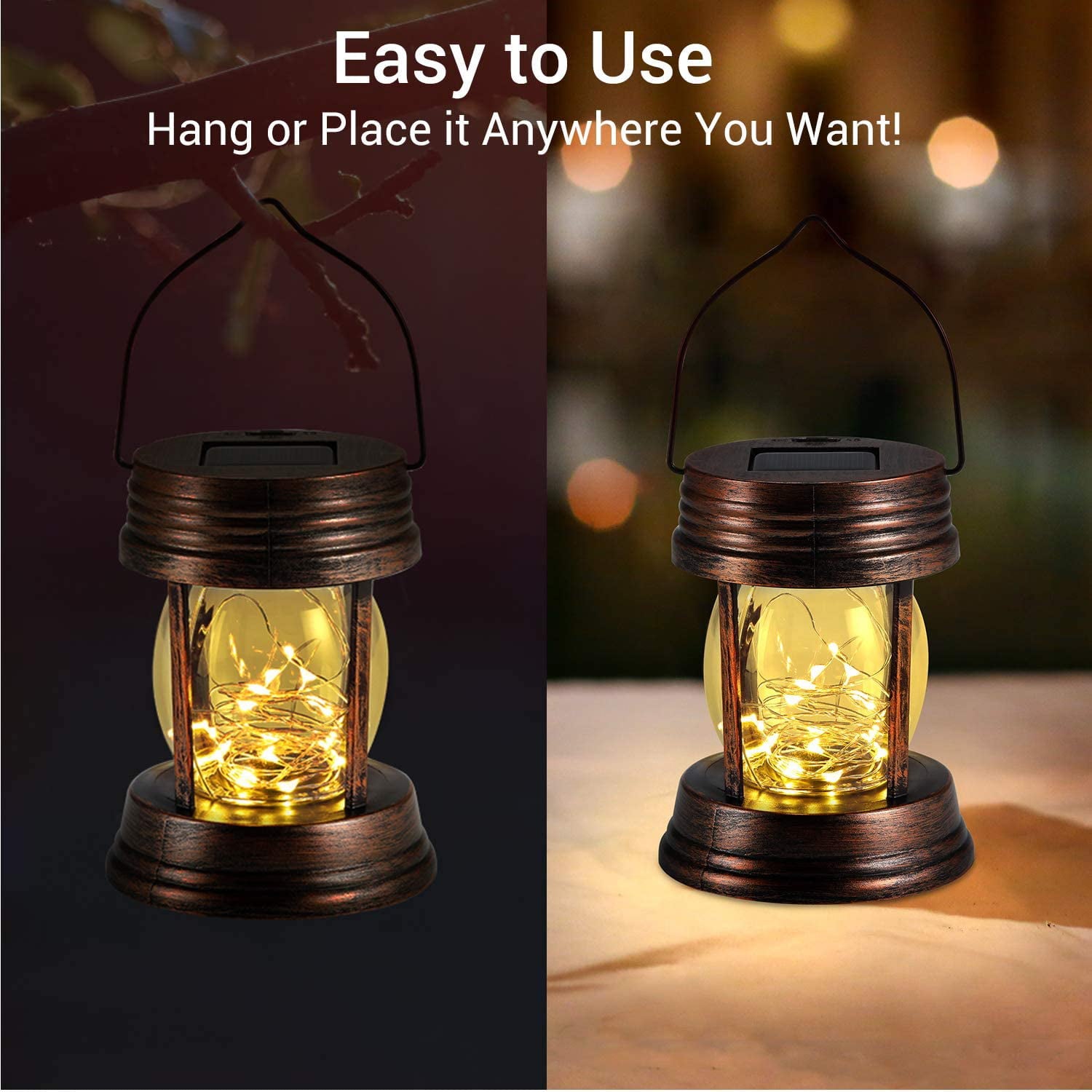 2 Pack Hanging Solar Lights Outdoor， Solar Powered Lanterns Waterproof for Garden Table Landscape Yard Pathway Decoration