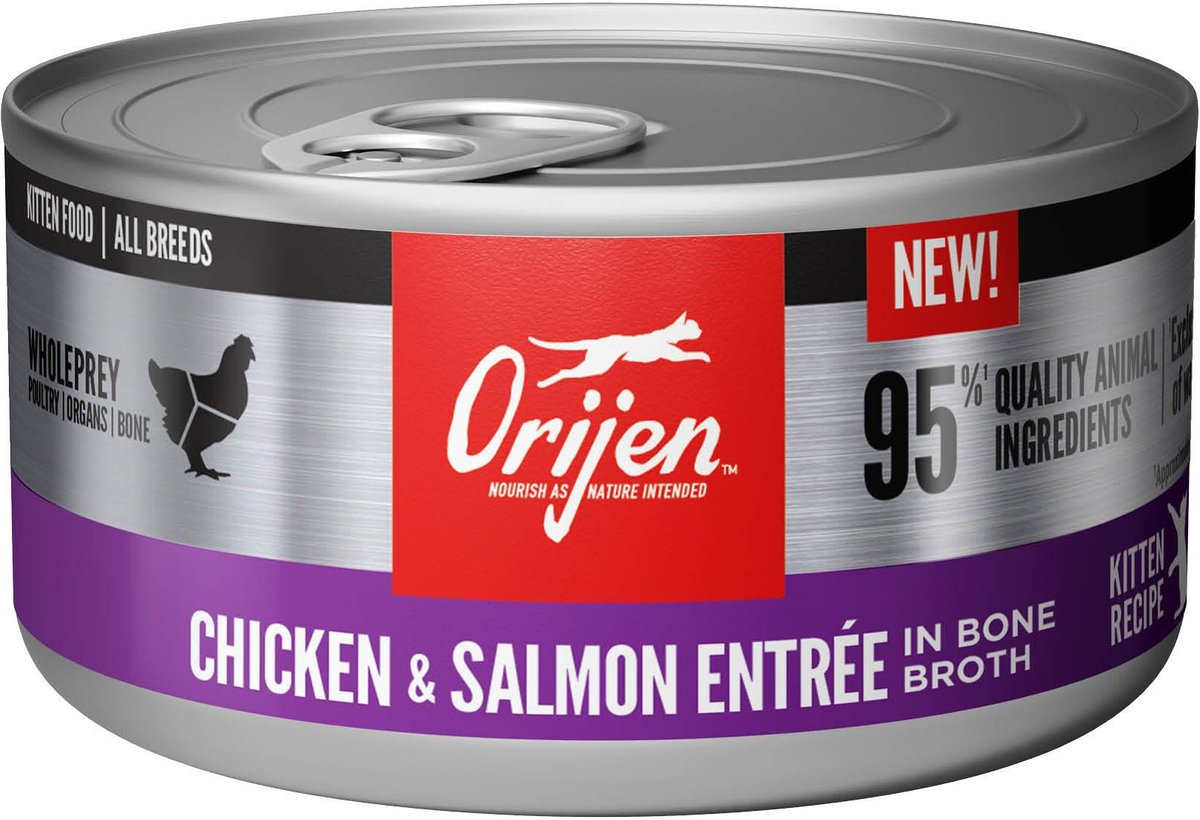 ORIJEN Kitten Recipe  Chicken + Salmon Entree in Bone Broth Wet Cat Food， 3-oz can， case of 24