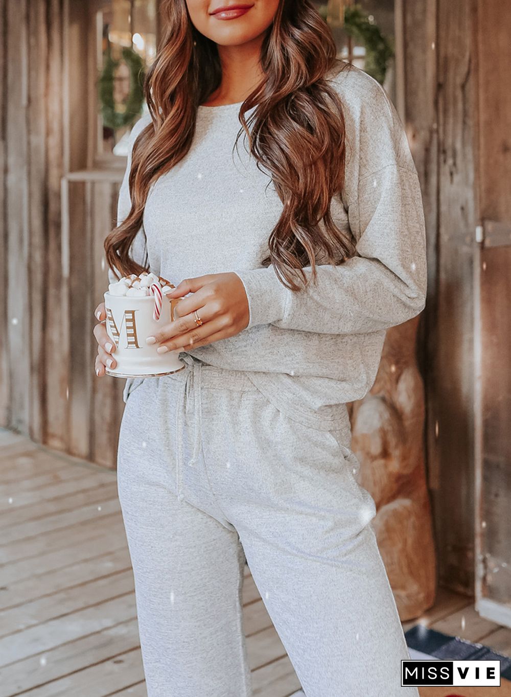 Gray Long Sleeve Pullover and Jogger Pants Lounge Set