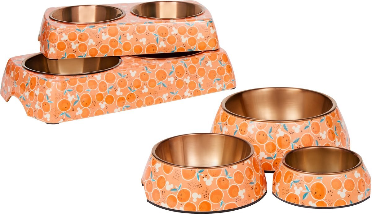 Disney Mickey Mouse Orange Bamboo Melamine Stainless Steel Double Dog and Cat Bowl