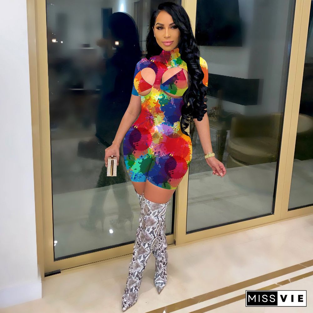 Digital Printed Half High Neck Sexy Nightclub Jumpsuit