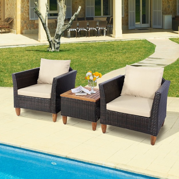 Tangkula 3 Pieces Outdoor Rattan Furniture Set Wicker Bistro Set Wooden Table Top With Cushions