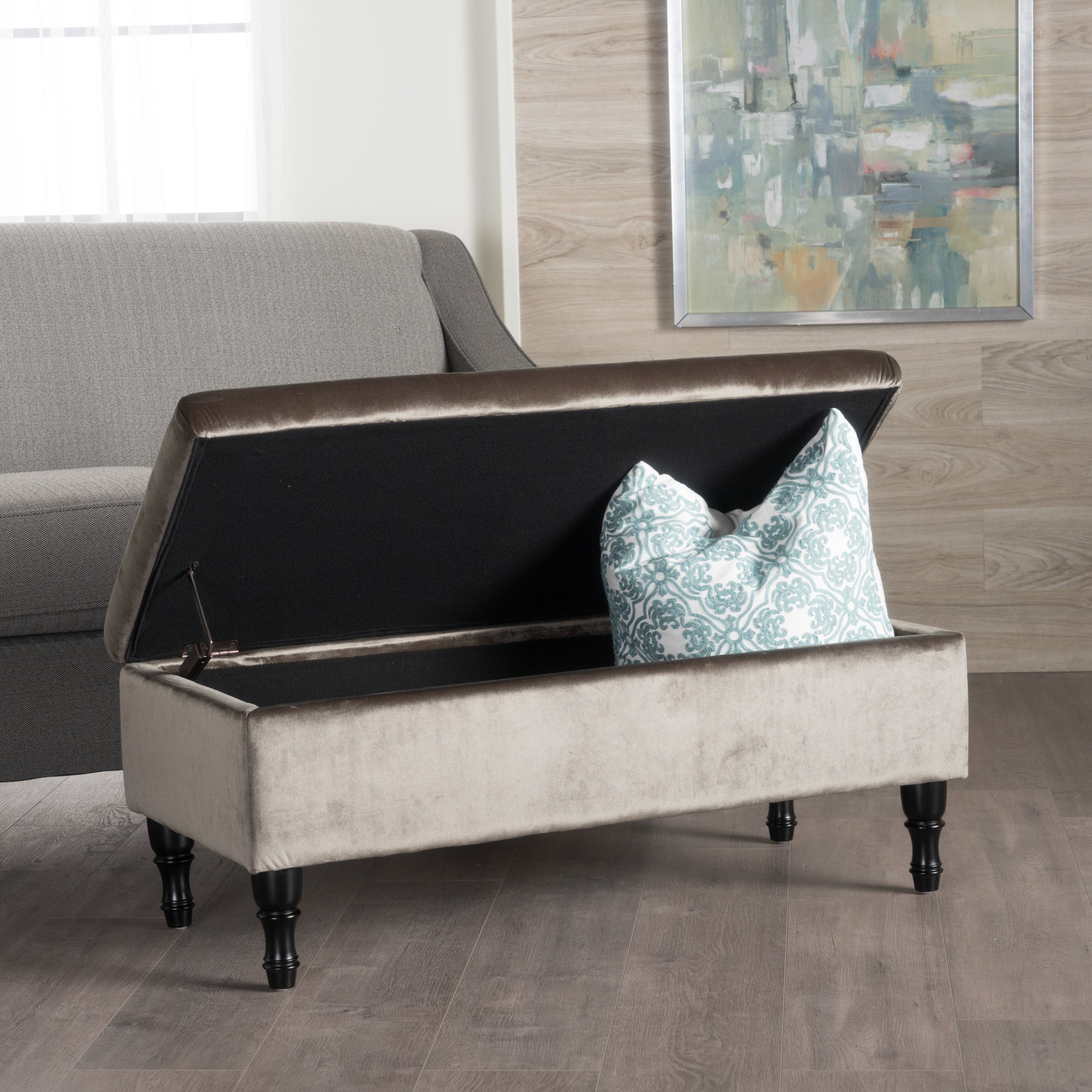 Constance Button Tufted Fabric Rectangle Storage Ottoman Bench w/ Turned Legs