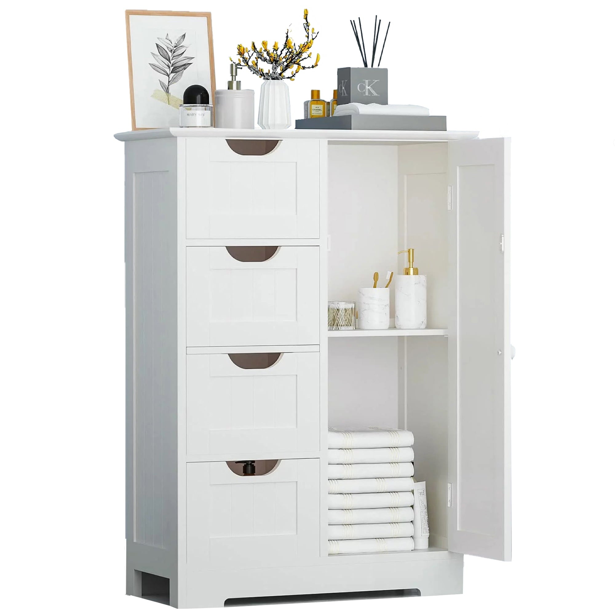 SUGIFT 4 Drawer Storage Cabinet, Wooden Bathroom Cabinet Storage Cupboard 2 Shelves, White