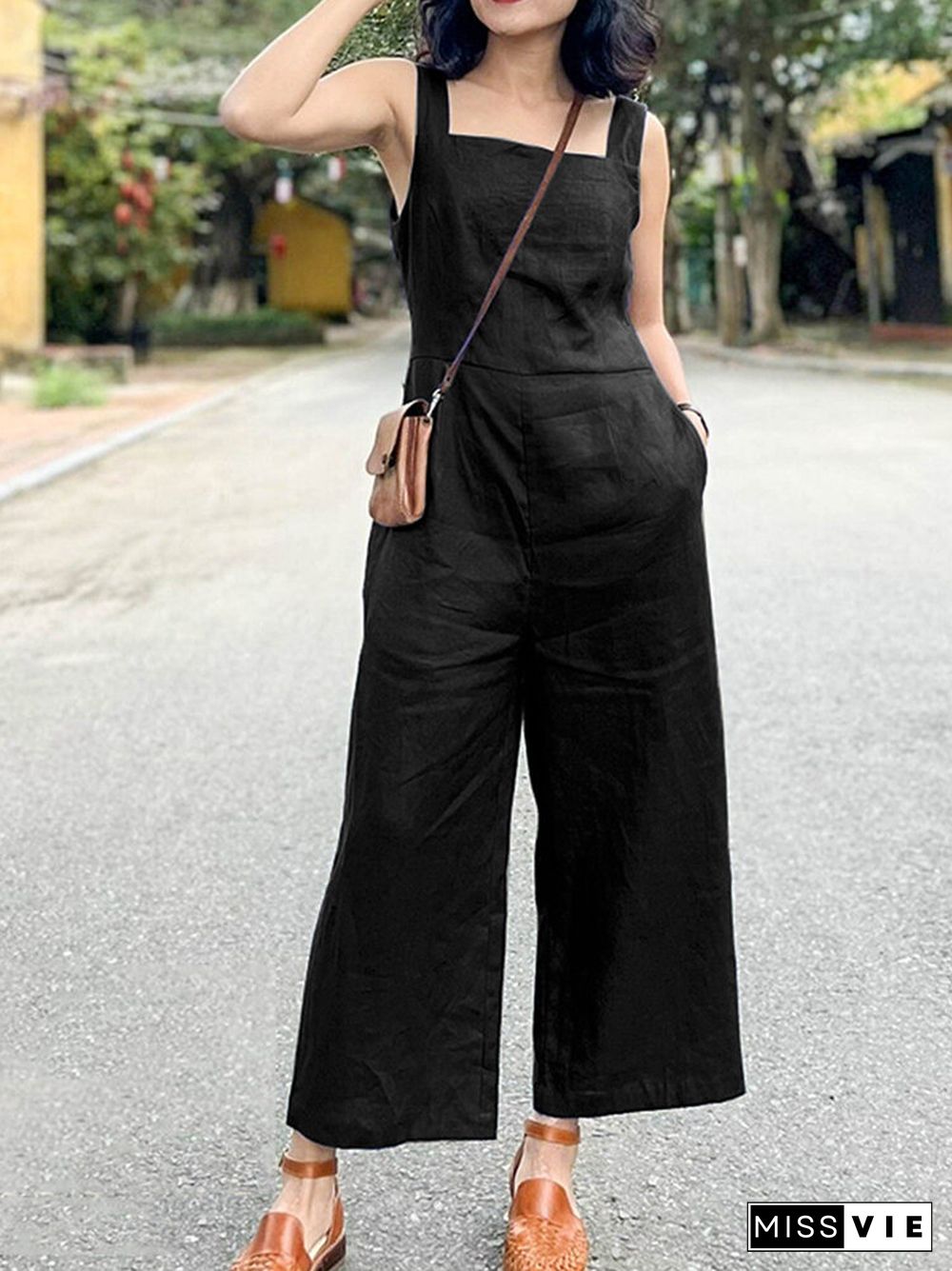 Solid Pocket Square Collar Sleeveless Wide Leg Jumpsuit