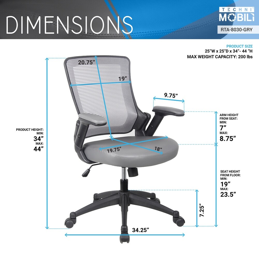 Mid Back Mesh Task Office Chair with Height Adjustable Arms  Grey