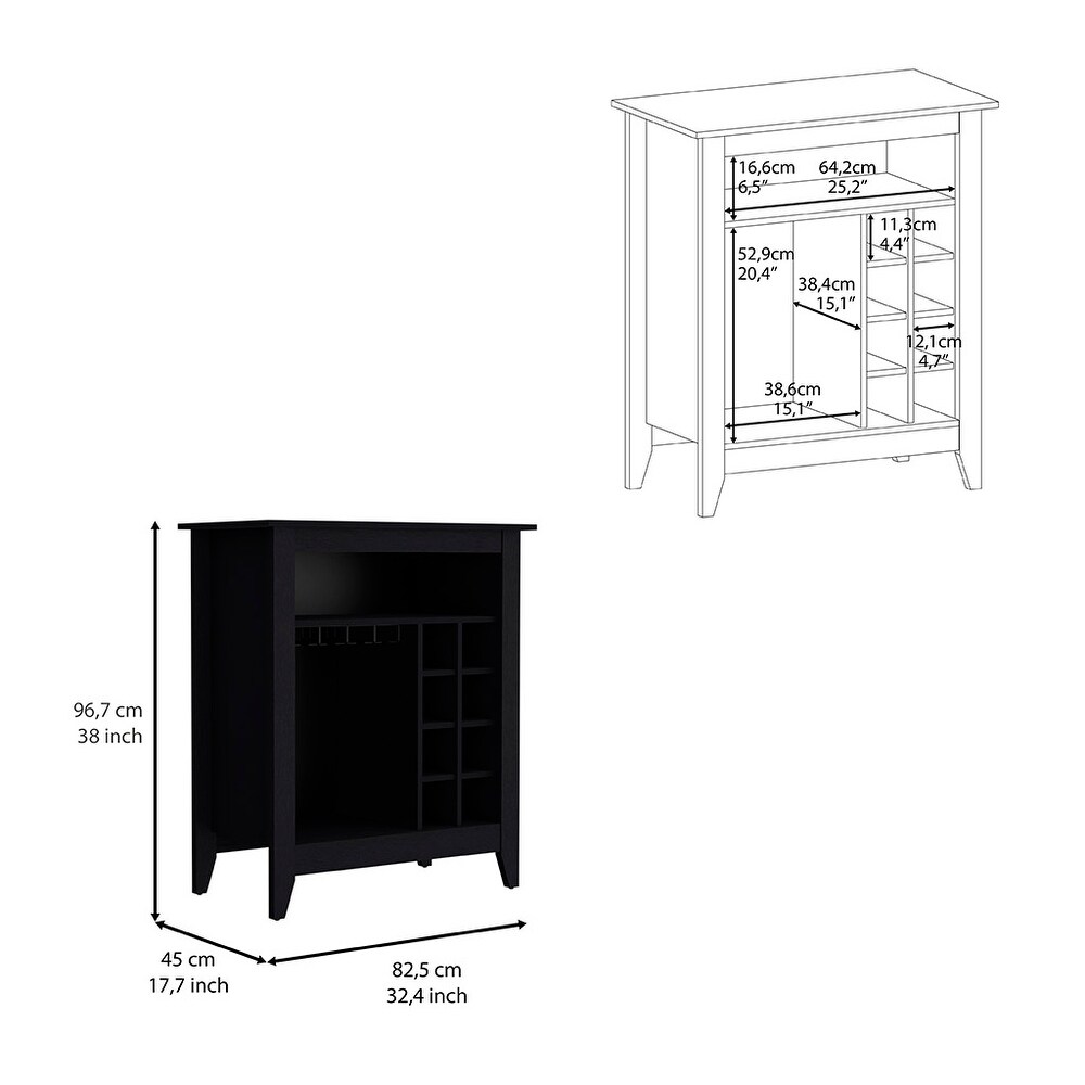 Bar Cabinet Castle  One Open Shelf  Six Wine Cubbies  Black Wengue Finish