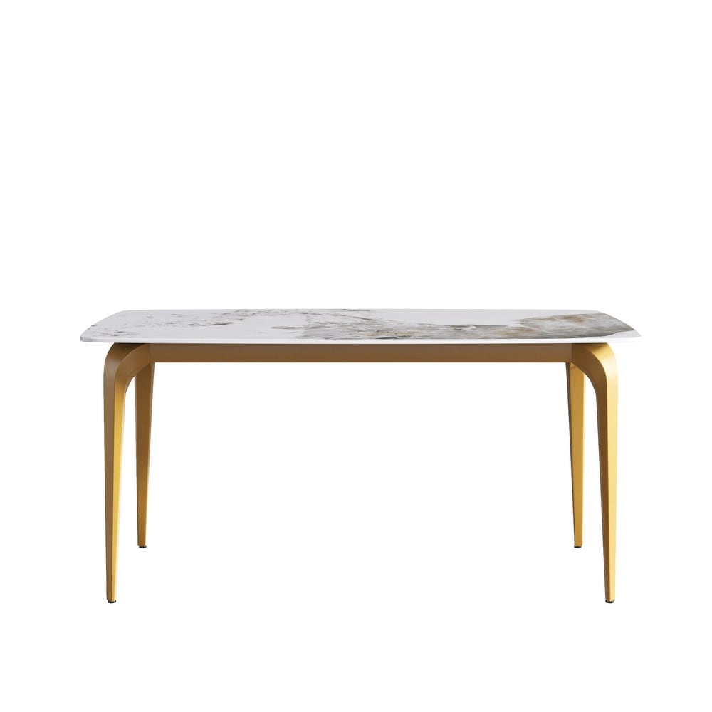 63 Inch White Artificial Stone and Metal Leg Dining Table for 6 People