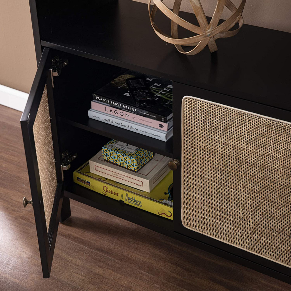 Multifunctional Bookcase  4 Open Shelves and Cabinet With Rattan Doors  Black   Contemporary   Bookcases   by Decorn  Houzz