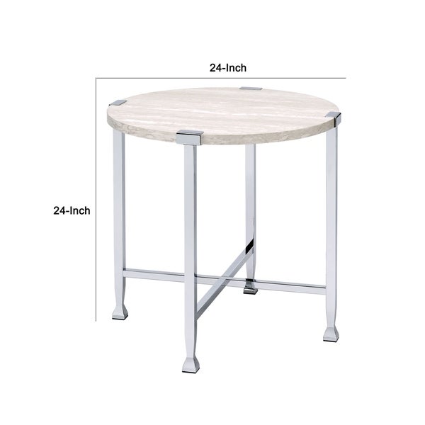 End Table with X Shaped Metal Base and Round Wooden Top，Silver and Beige