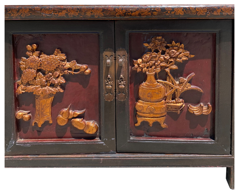 Chinese Distressed Brown Golden Flower Motif TV Console Table Cabinet Hcs6127   Asian   Entertainment Centers And Tv Stands   by Golden Lotus Antiques  Houzz