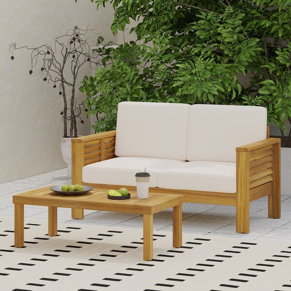 Acacia Wood Outdoor Loveseat and Coffee Table Set with Cushions