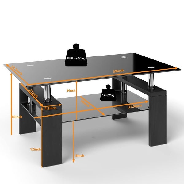Rectangle Glass Coffee Table， 2-Tier Tea Table w/Tempered Glass Tabletop and Stainless Steel Tube， Modern Center - as picture